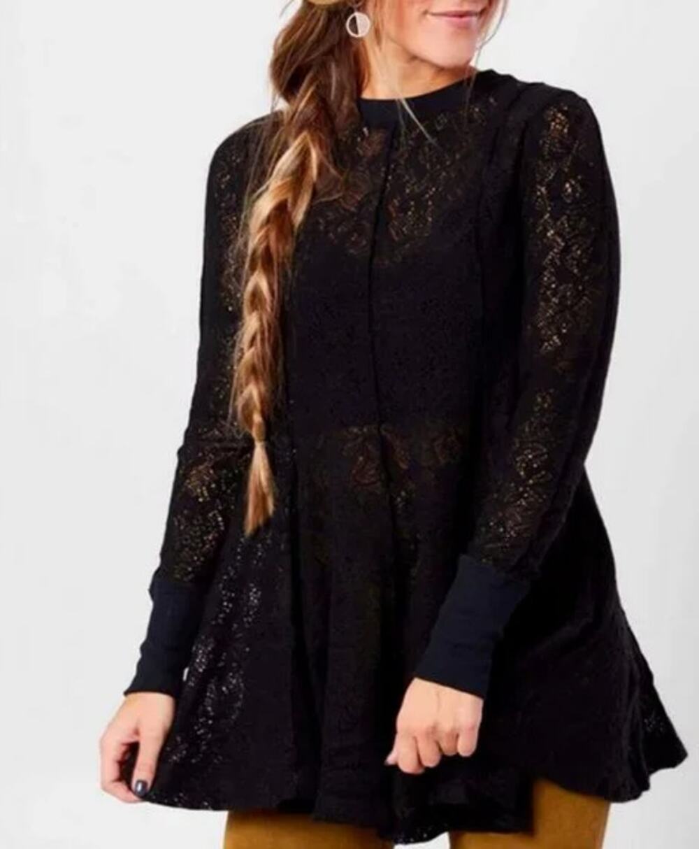 Free People Coffee In The Morning Sheer Floral Lace Top Long Sleeve Dress Blouse